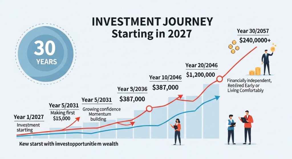 30-year investment journey showing how investment opportunities in 2027 grow to $2.4M by 2057