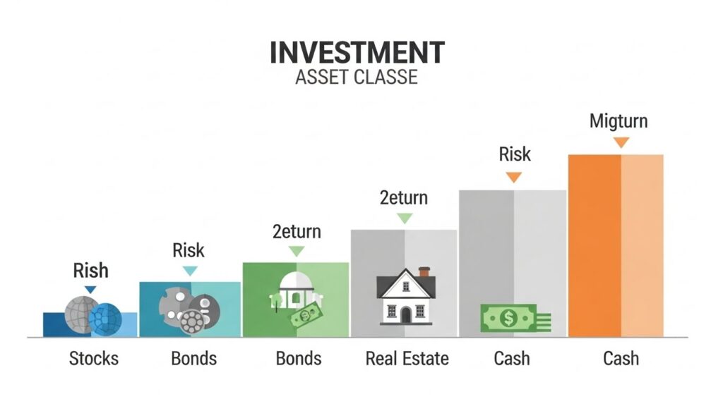 Investment asset class comparison showing risk and return profiles of stocks bonds real estate and cash