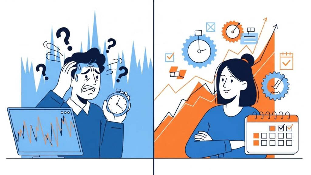 Comparison between market timing stress versus dollar cost averaging calm consistent investing strategy