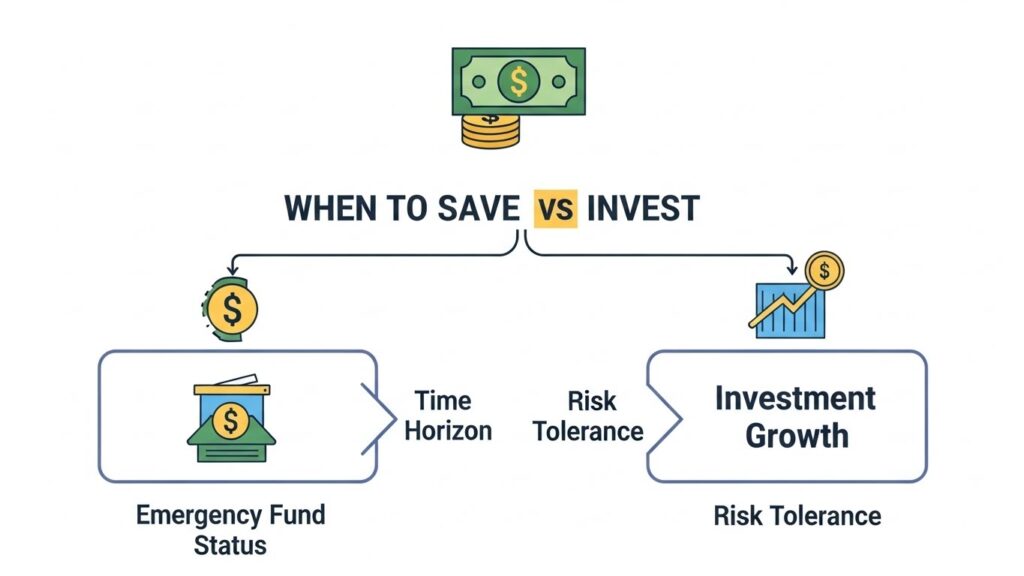 Decision flowchart showing when to save money versus when to invest based on time horizon and financial goals