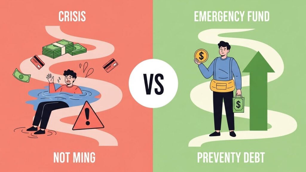 Comparison showing debt spiral without emergency fund versus financial stability with emergency fund protection