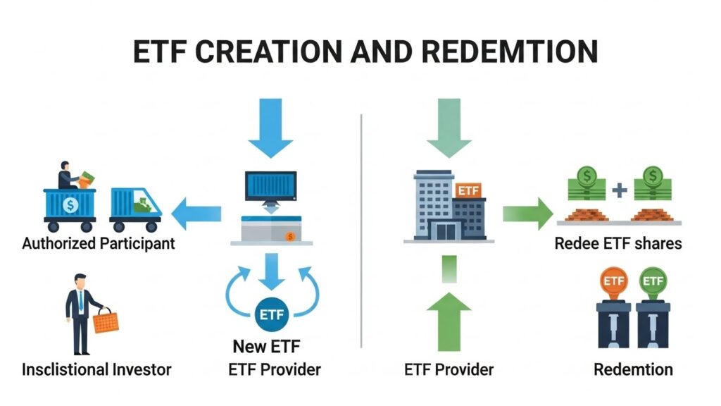ETF creation and redemption process showing how authorized participants create and redeem ETF shares