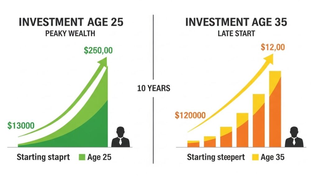 Comparison showing retirement savings difference between starting at age 25 versus age 35 with compound interest