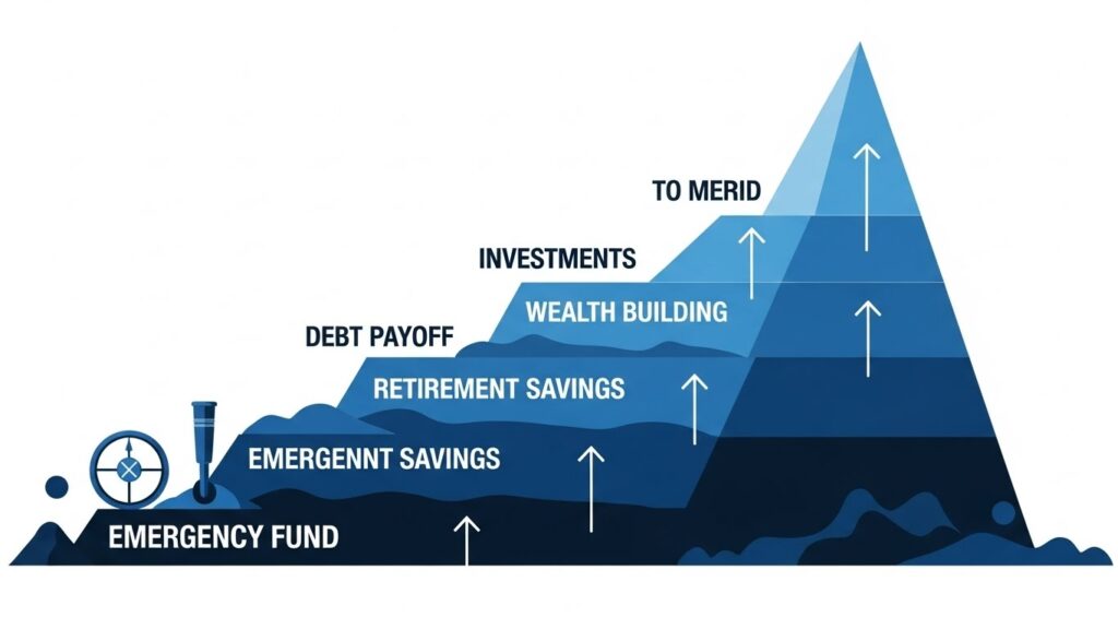 Financial priority pyramid showing progression from emergency fund foundation to wealth building investments