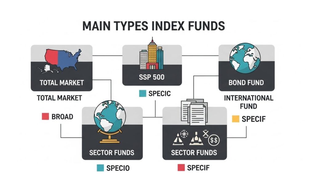 Types of index funds including total market S&P 500 international bonds and sector-specific funds