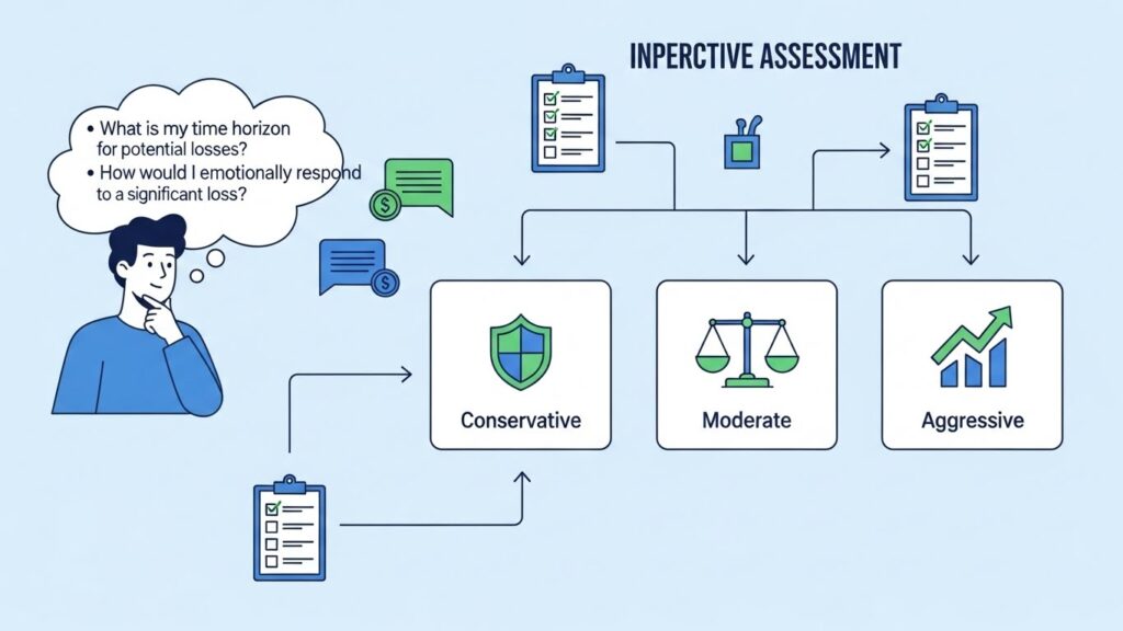 Risk tolerance assessment process showing questions and pathways to determine investor profile