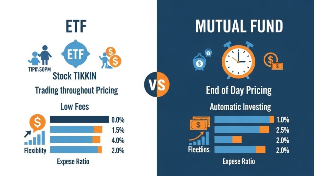 ETF versus mutual fund comparison showing key differences in trading costs and flexibility