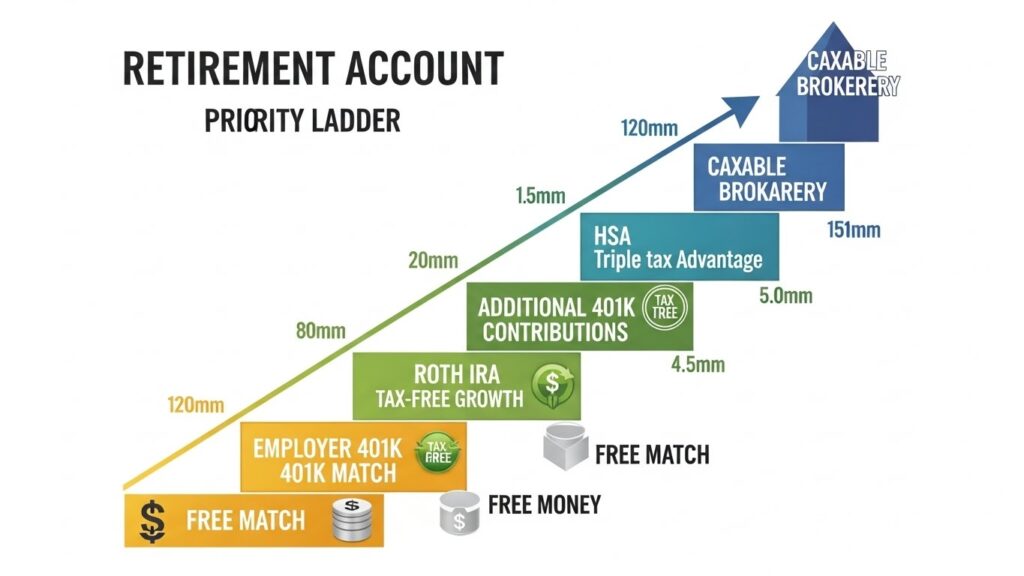 Retirement account priority hierarchy showing order from employer 401k match through Roth IRA to taxable brokerage