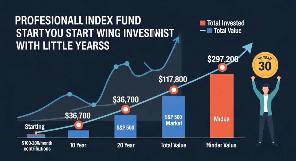 Index fund growth chart showing how starting to invest with little money grows to $297,200 over 30 years