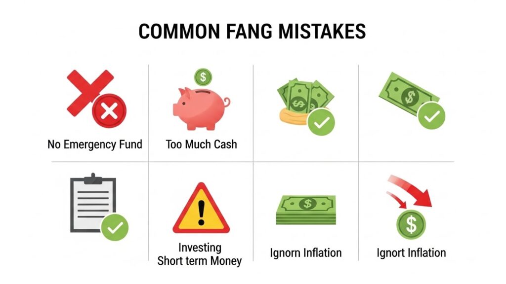 Common financial mistakes showing errors in balancing saving and investing including no emergency fund and over-saving