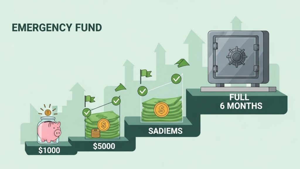 Emergency fund building stages from $1000 starter fund to full 6 month financial safety net