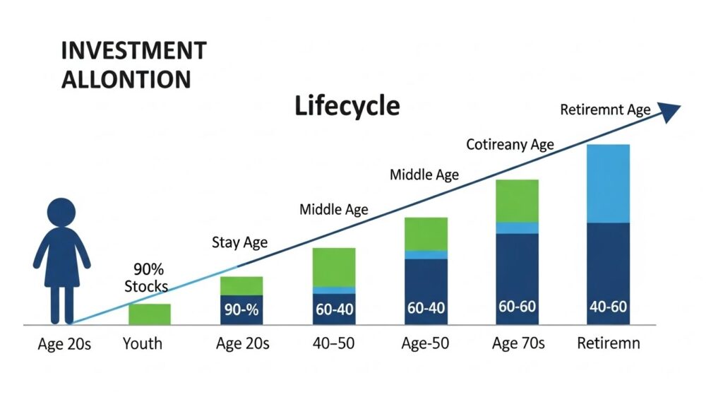 Investment allocation changes across life stages from aggressive in 20s to conservative in retirement