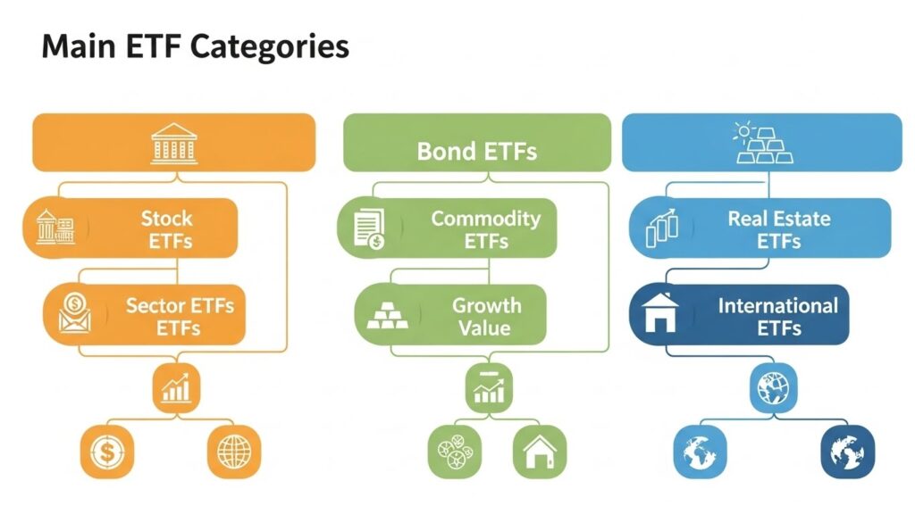 Main types of ETFs including stock bond commodity real estate and international categories