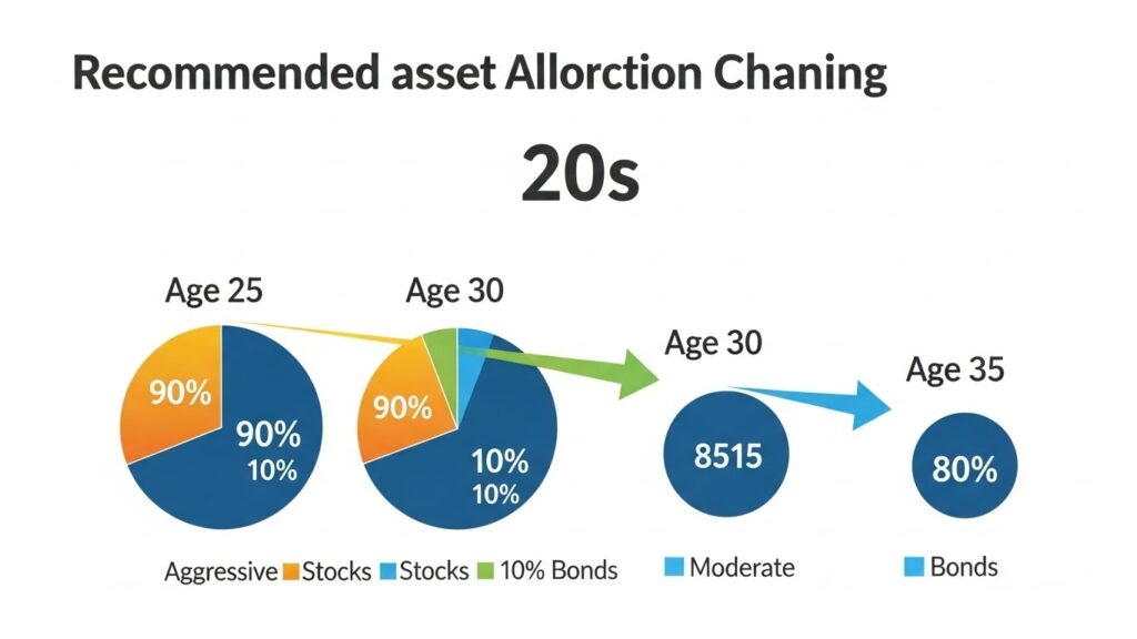 Asset allocation recommendations by age showing stock to bond ratio progression through 20s and 30s