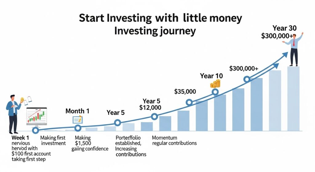Timeline showing journey from starting to invest with little money to building $300,000+ wealth over 30 years