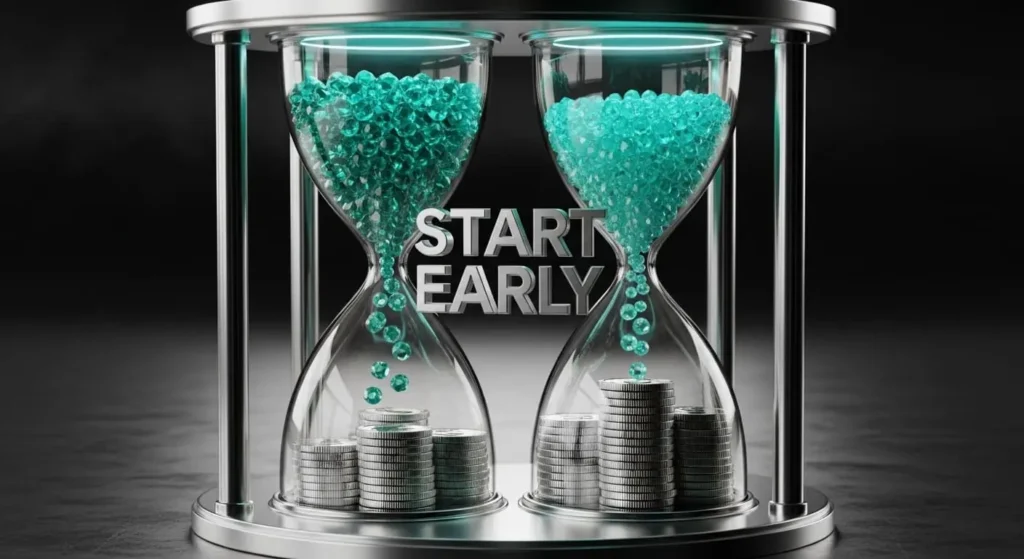 Comparison showing retirement savings difference between starting at age 25 versus age 35 with compound interest 