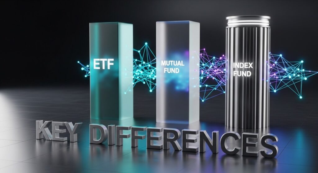 ETF versus mutual fund comparison showing key differences in trading costs and flexibility