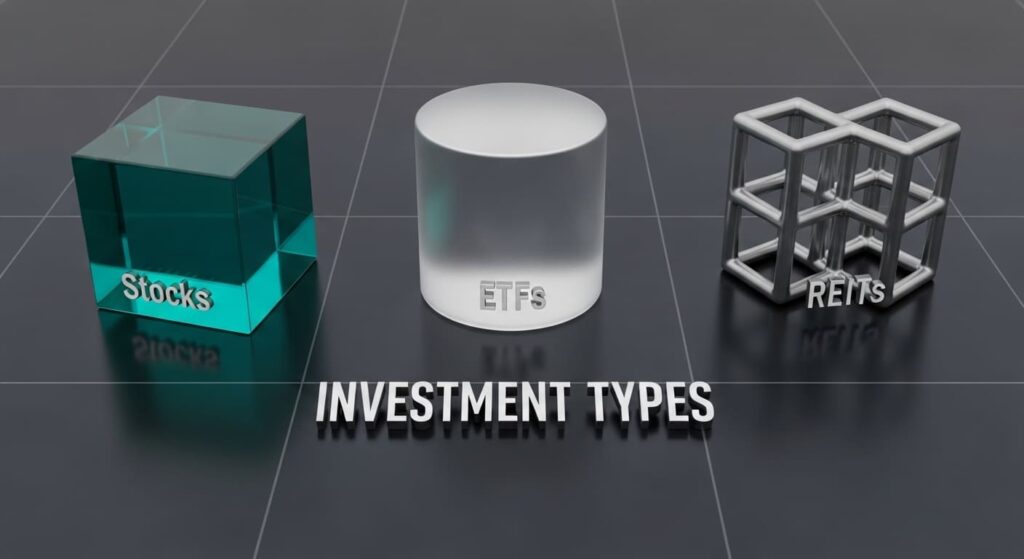 Types of dividend investments from ETFs to individual stocks to REITs showing beginner to advanced options