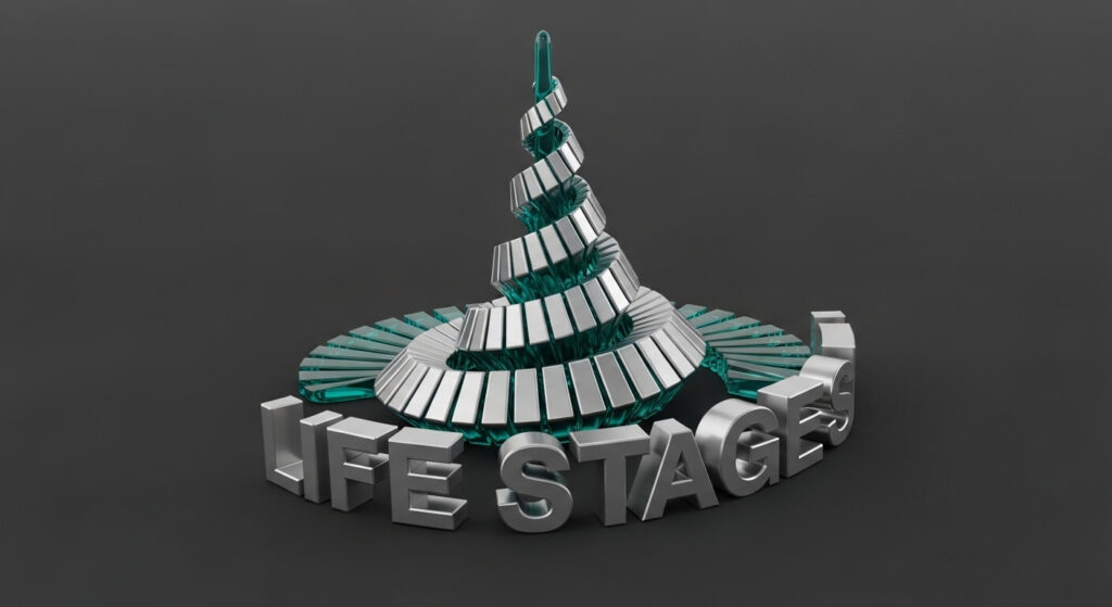 Investment allocation changes across life stages from aggressive in 20s to conservative in retirement