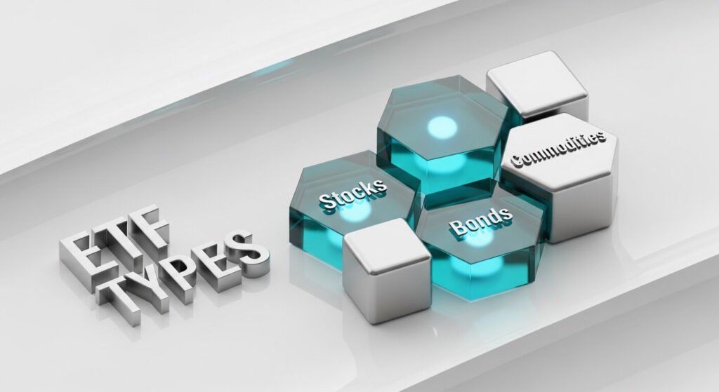 Main types of ETFs including stock bond commodity real estate and international categories