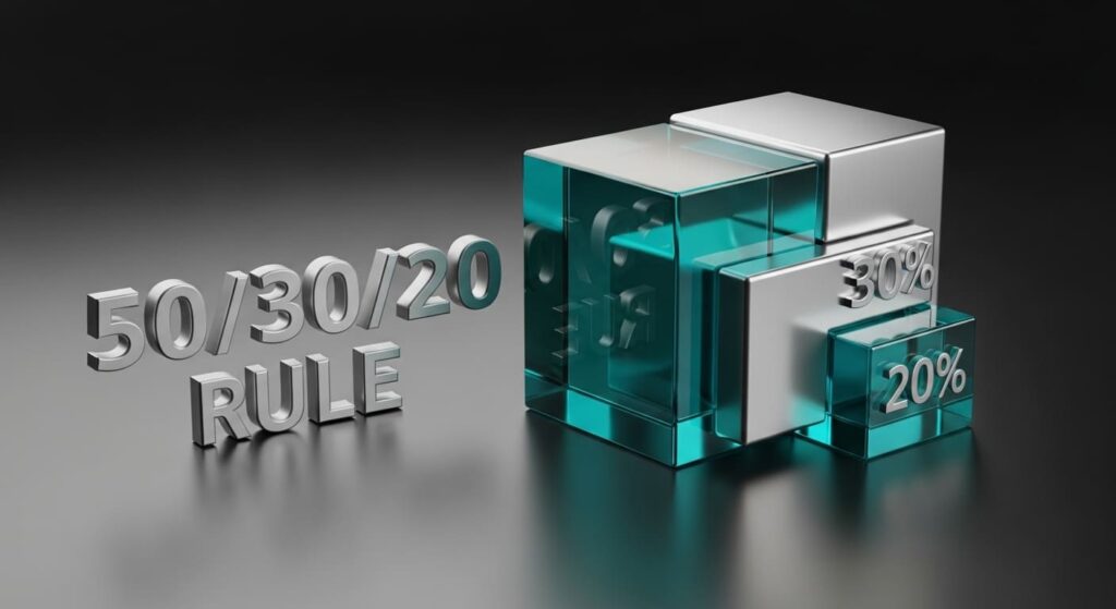 50/30/20 budget rule visualization showing 50% for needs, 30% for wants, and 20% for savings and debt