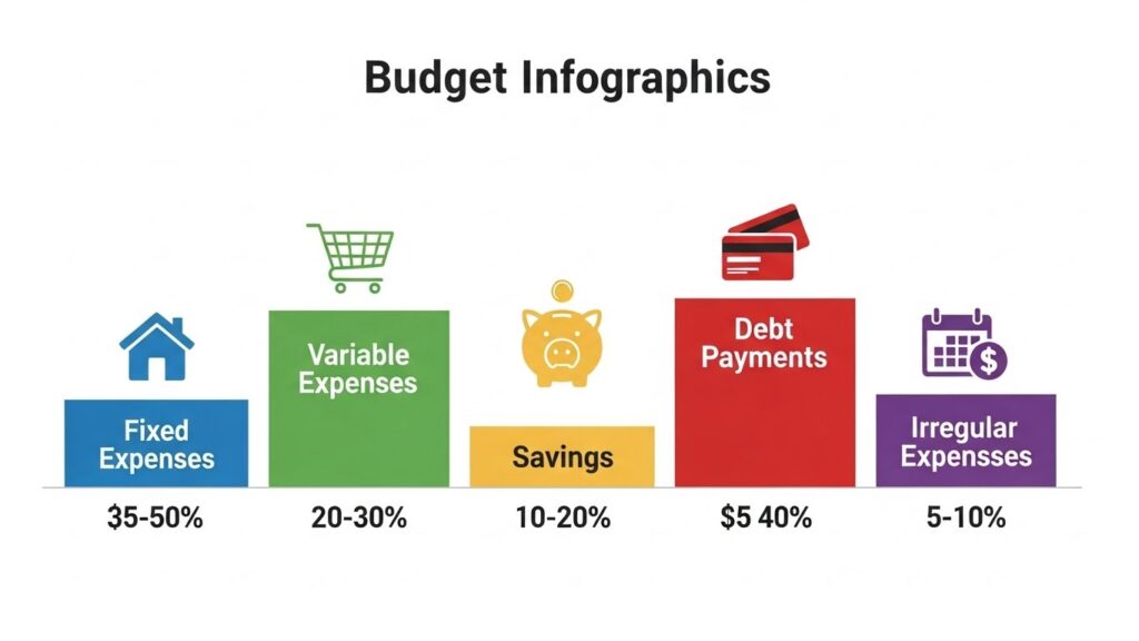 Five essential budget categories showing fixed expenses, variable expenses, savings, debt payments, and irregular expenses with percentages