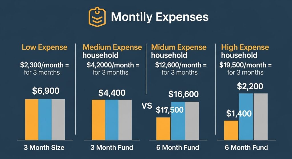 Emergency fund amounts showing different targets based on monthly expenses