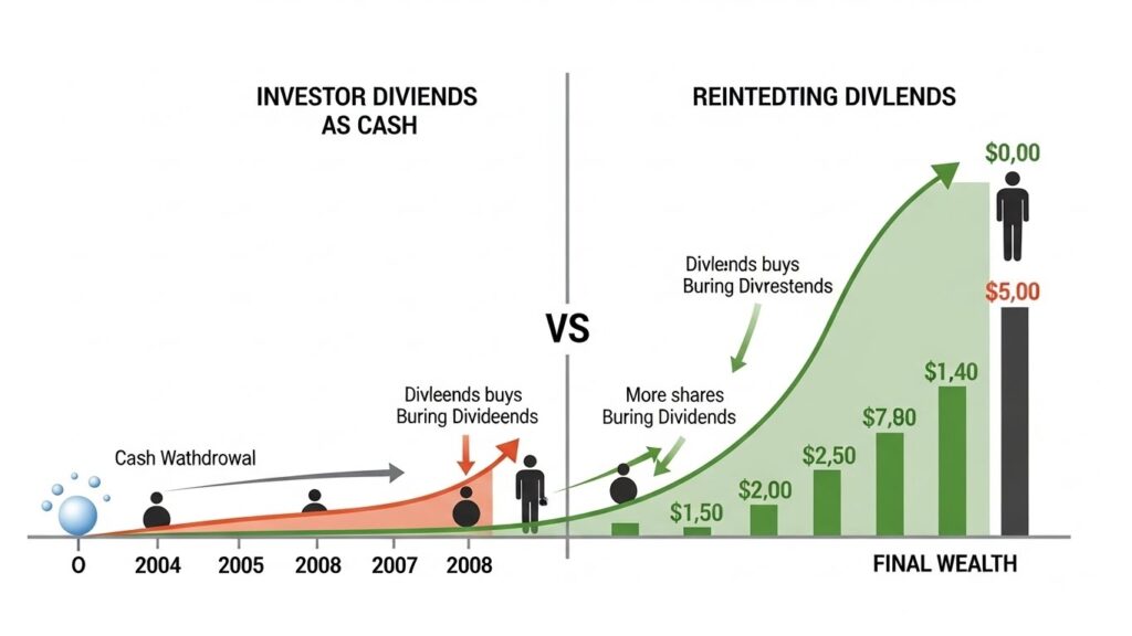 Comparison showing dividend reinvestment compound growth versus taking dividends as cash over time