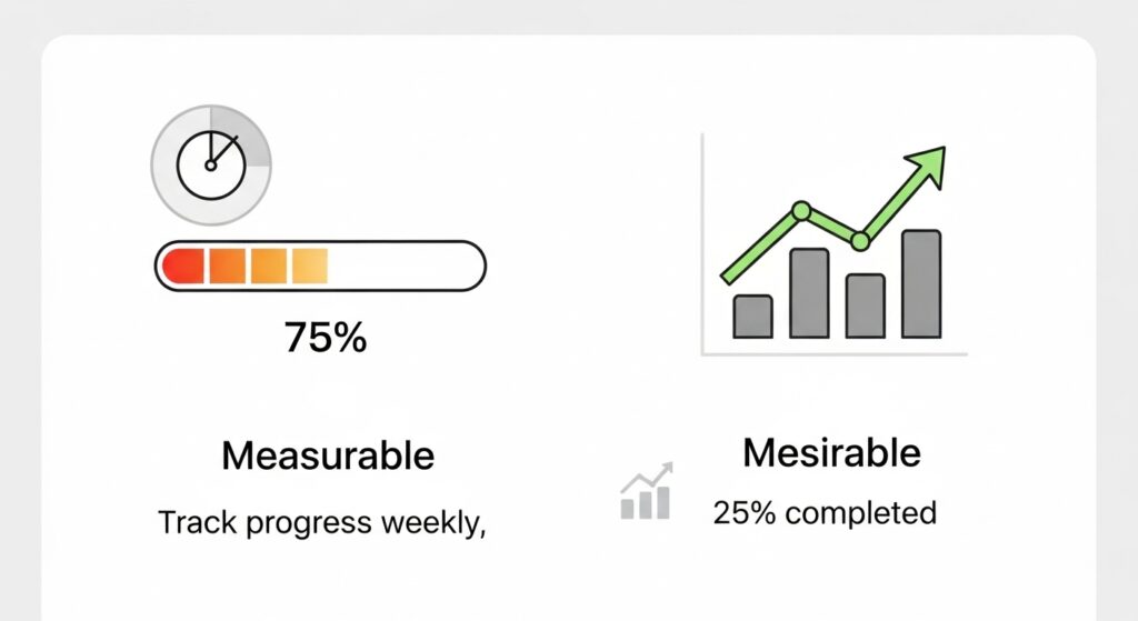 SMART goal framework showing Specific, Measurable, Achievable, Relevant, Time-bound components