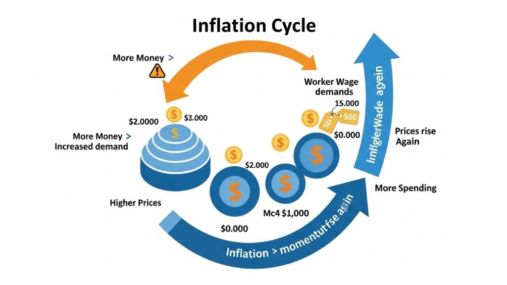 Inflation cycle diagram showing how higher prices create wage demands which create more inflation