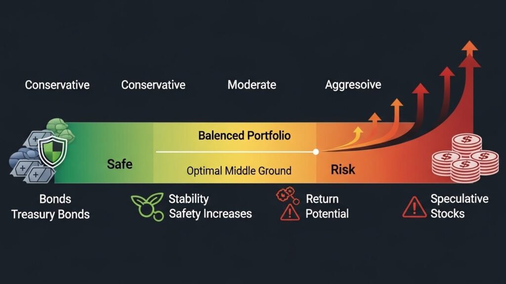 Risk-return spectrum showing different investment options from safe bonds to aggressive stocks