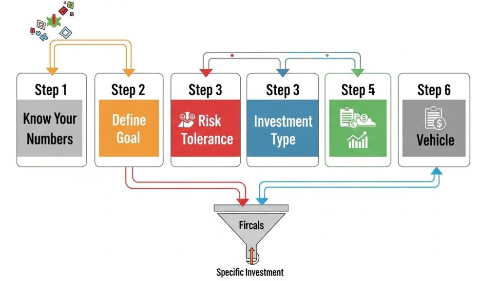Six-step investment decision framework flowchart for beginners