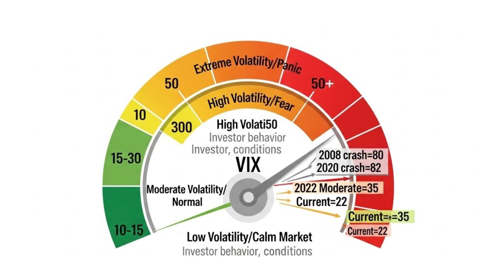 VIX volatility gauge showing levels from calm market to extreme panic