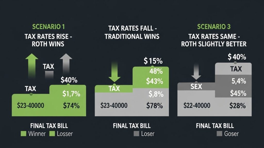 Scenarios showing whether Roth or Traditional IRA wins based on future tax rates