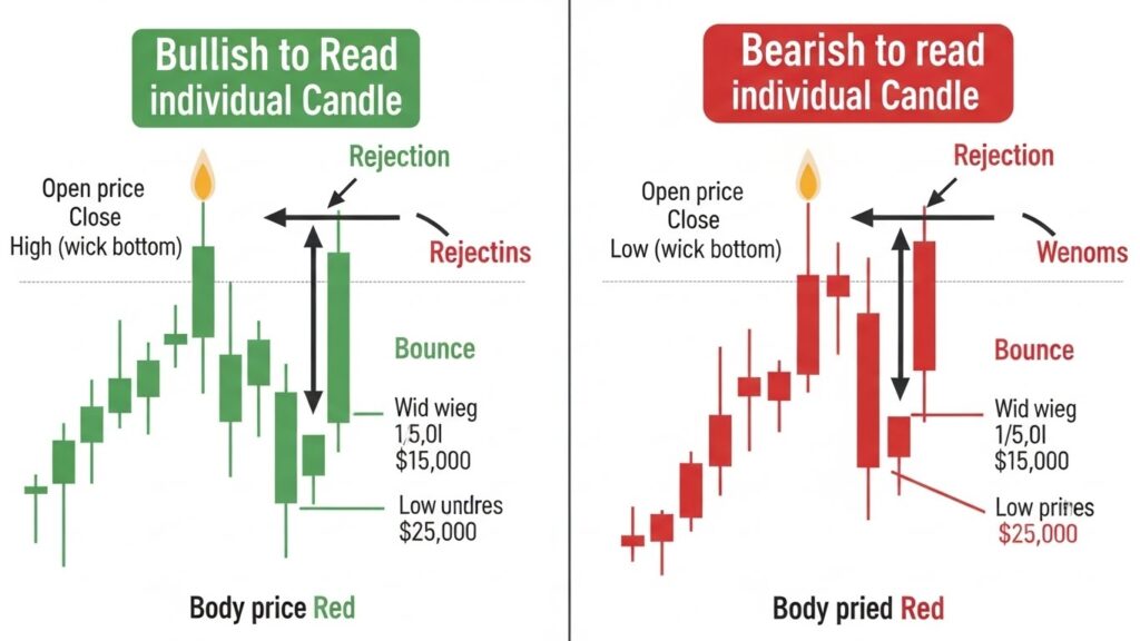 Diagram showing bullish and bearish candlestick anatomy with labels
