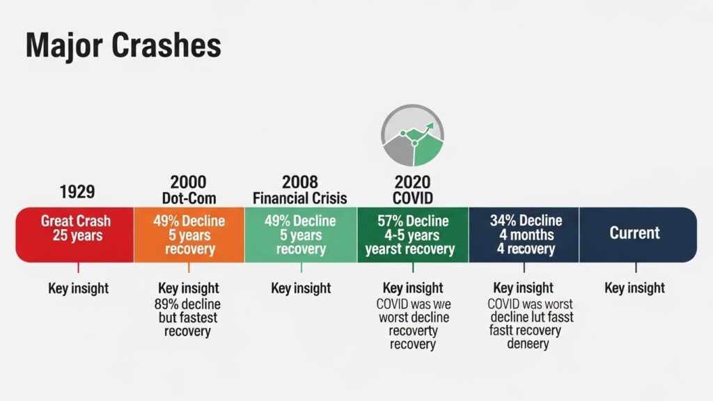 Historical market crashes timeline showing declines and recovery periods