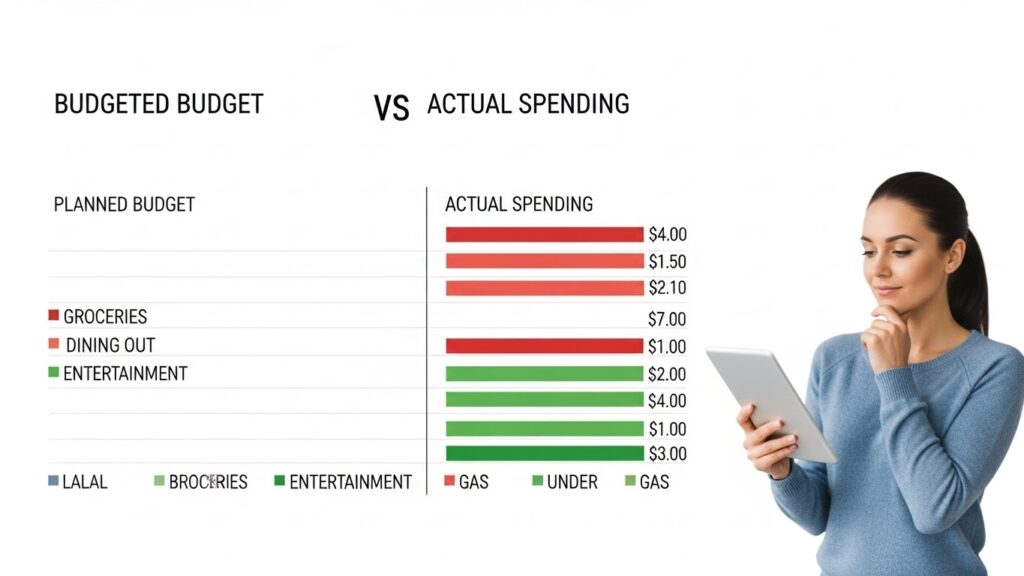 Budget tracking comparison showing planned versus actual spending with adjustments needed in various categories