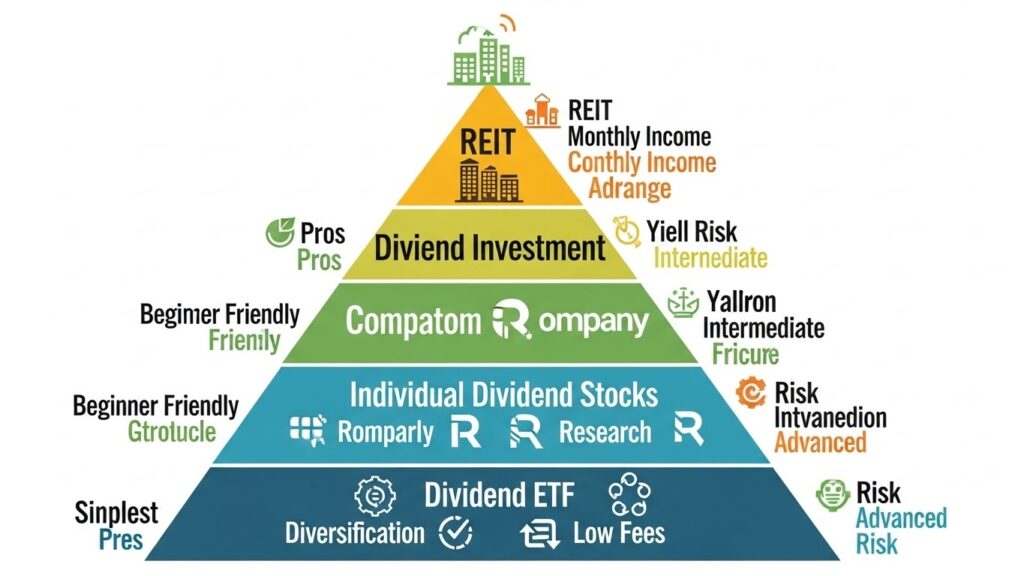 Types of dividend investments from ETFs to individual stocks to REITs showing beginner to advanced options