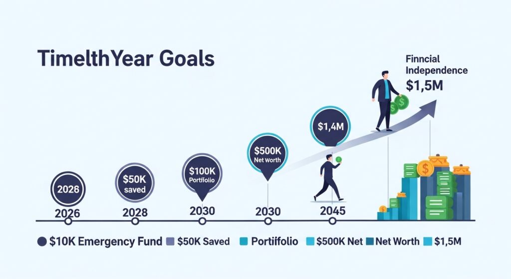 Financial goal timeline showing progression of goals from 2026 to 2045 with wealth milestones