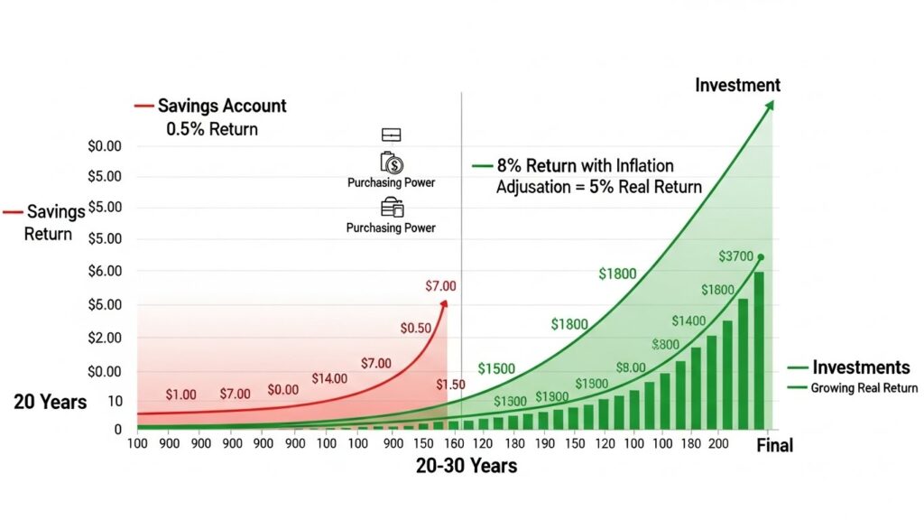 Comparison showing how savings accounts lose to inflation while investments grow real wealth over time