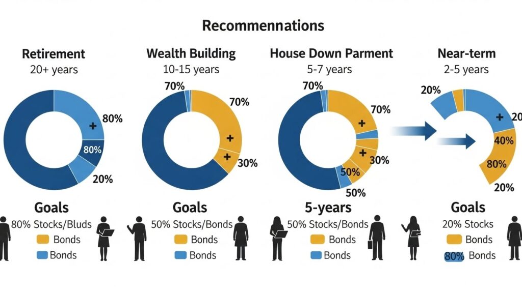 Investment allocations by goal showing different stock/bond mixes based on timeline