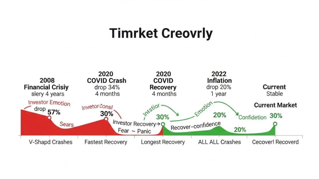 Timeline showing historical market crashes and their recovery periods