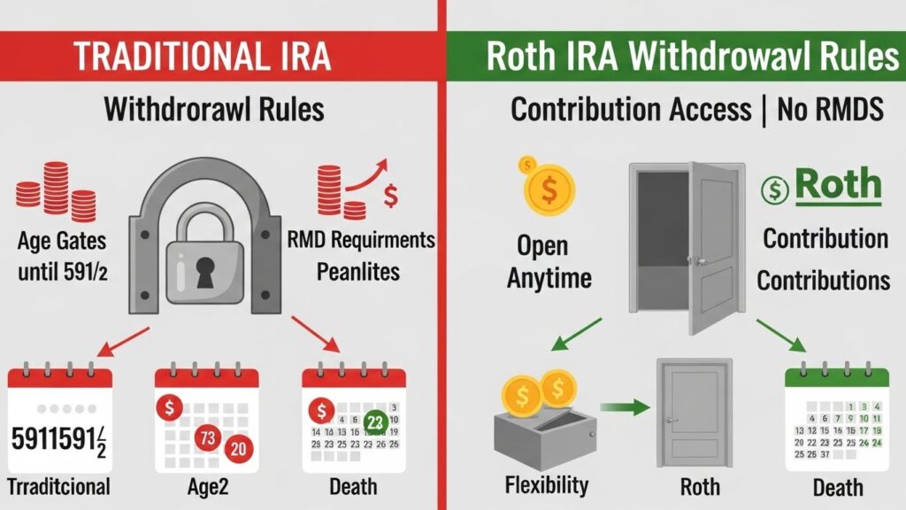 Withdrawal rules comparison showing Roth flexibility versus Traditional restrictions