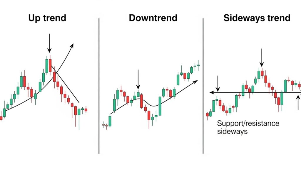 Chart showing uptrend, downtrend, and sideways (range-bound) trends