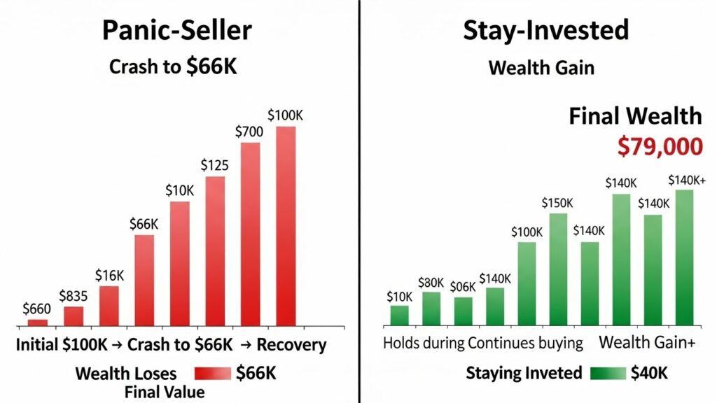 Comparison showing panic-selling losses versus staying invested during market crashes