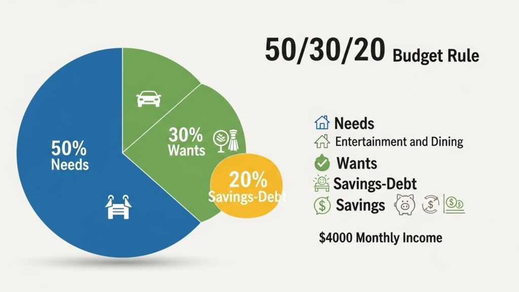 50/30/20 budget rule visualization showing 50% for needs, 30% for wants, and 20% for savings and debt