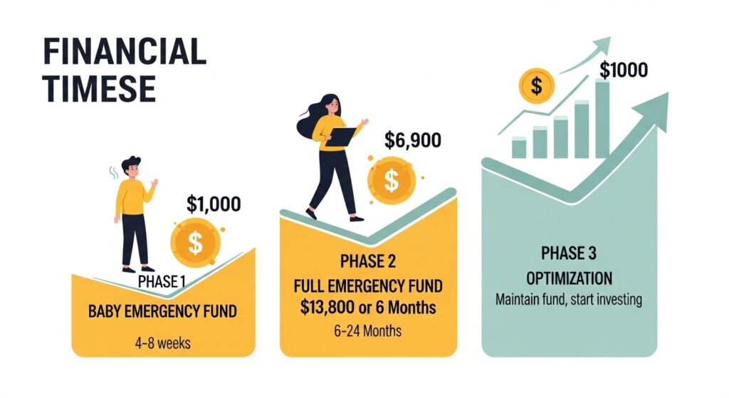 Three-phase emergency fund building timeline with milestones and timeframes