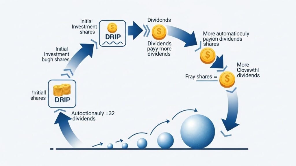 DRIP dividend reinvestment plan showing automatic compound growth through reinvesting dividends to buy more shares