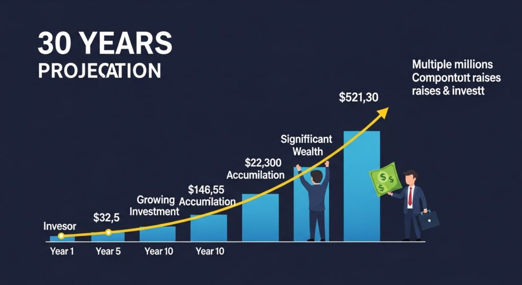 30-year projection showing how invested raises compound into millions