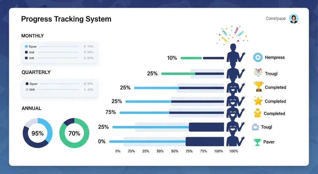 Goal tracking visualization showing monthly progress, celebrations, and milestone achievements